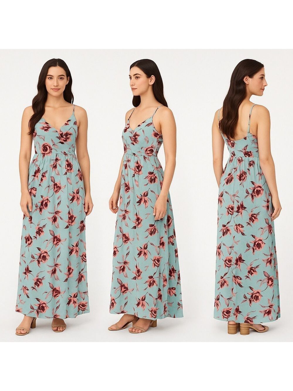 PinkBlush Dress Womens Size Large Blue Maxi Floral Print Spaghetti Straps Boho
